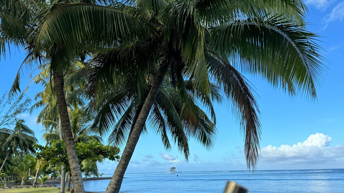 Evelyn Ginossi holding Tahitian Oil on a black sand beach with palms in Tahiti